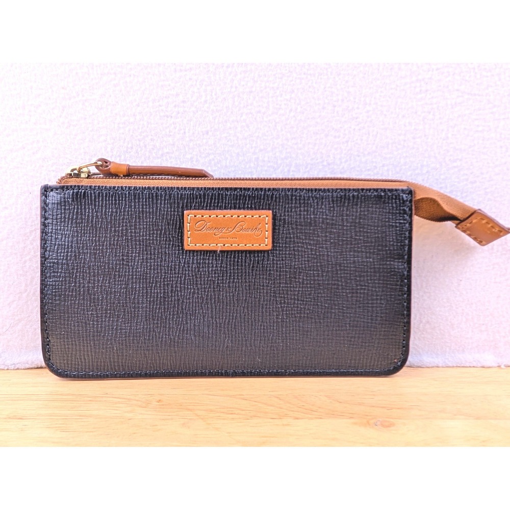 Dooney & Bourke Black Textured Leather Slim Zipper Pouch Wallet Red Lining